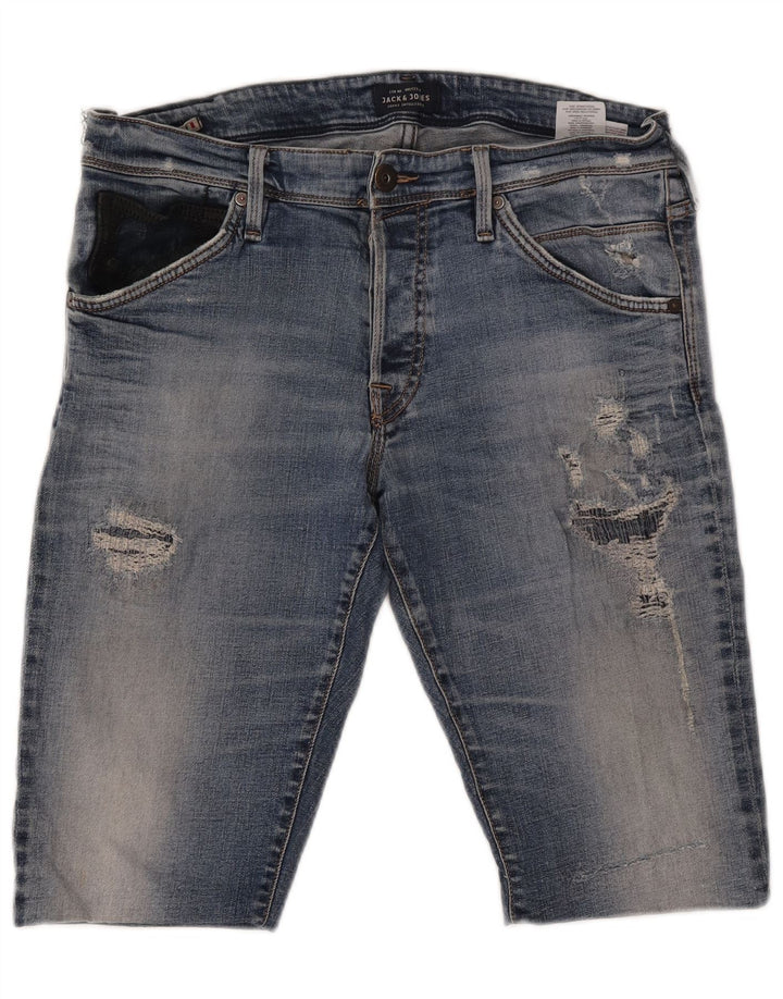 JACK & JONES Shorts jeans masculino desgastado W36 grande algodão azul