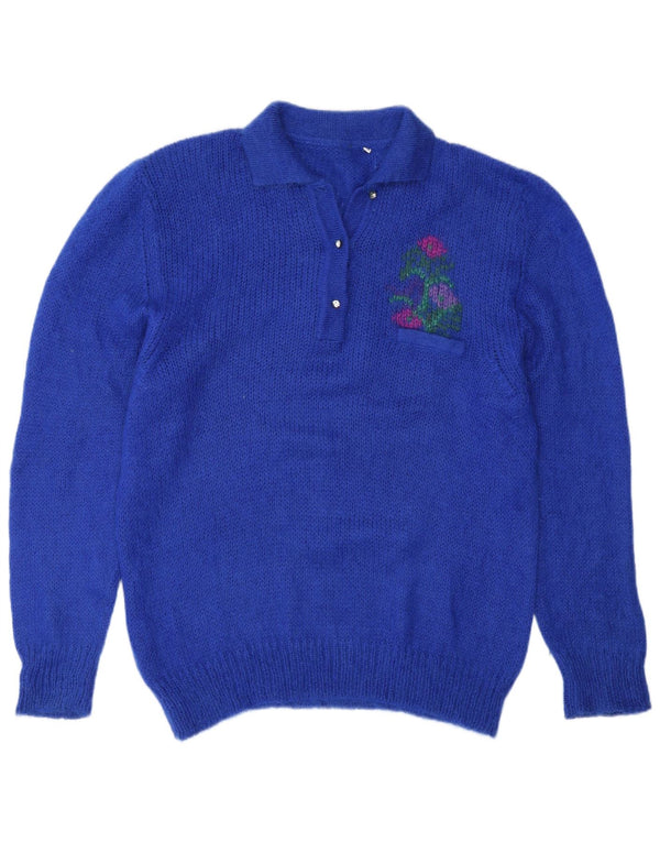 Suéter feminino vintage com gola polo gráfica IT 48 XL azul floral mohair