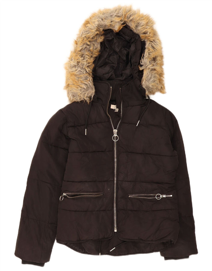 Jaqueta feminina acolchoada com capuz e capuz Topshop UK 4 XS poliéster preto