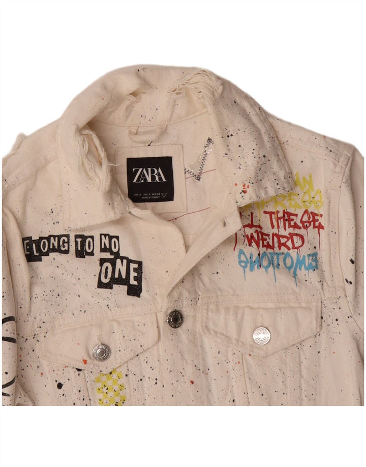 Jaqueta jeans masculina Zara Graphic UK 36 pequeno algodão manchado branco