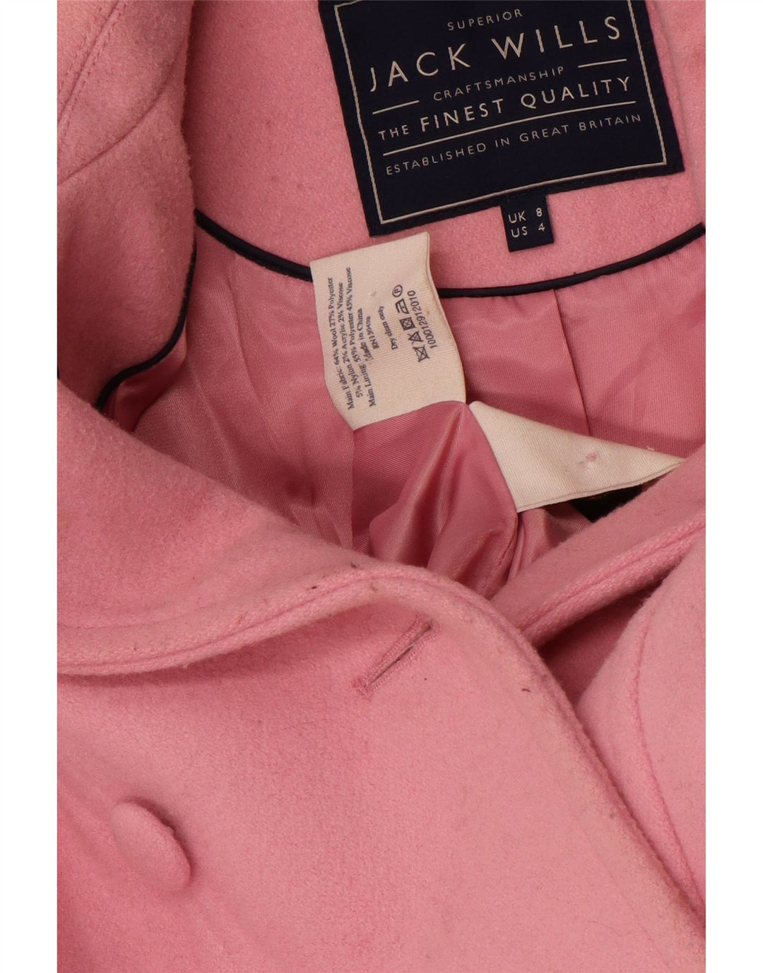 Casaco feminino JACK WILLS com peito duplo Reino Unido 8 lã rosa pequena