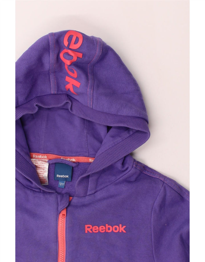 REEBOK Girls Graphic Zip Hoodie Sweater 11-12 Years Purple Cotton Vintage Reebok and Second-Hand Reebok from Messina Hembry 