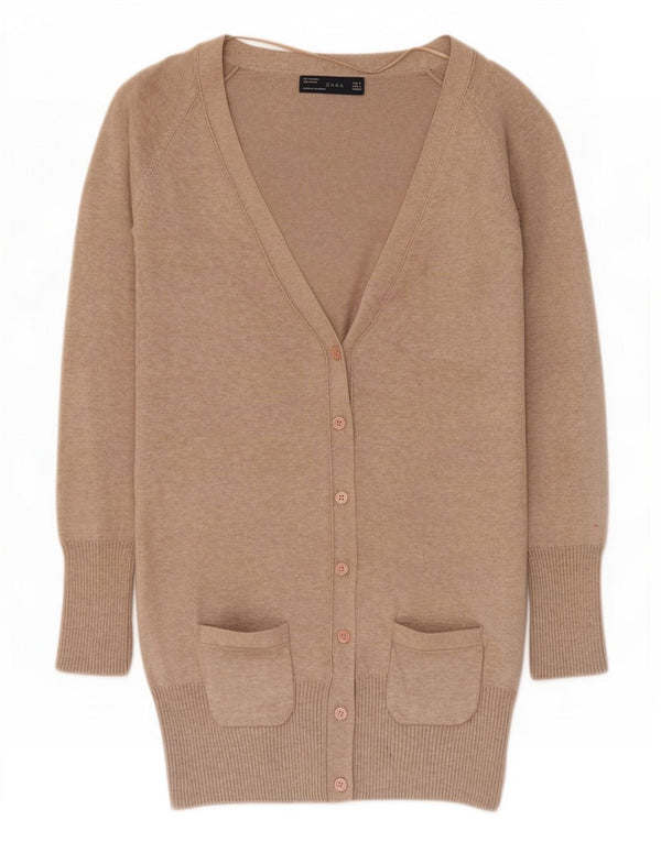 Zara Womens Longline Cardigan Sweater UK 10 Small Beige Flecked Cotton
