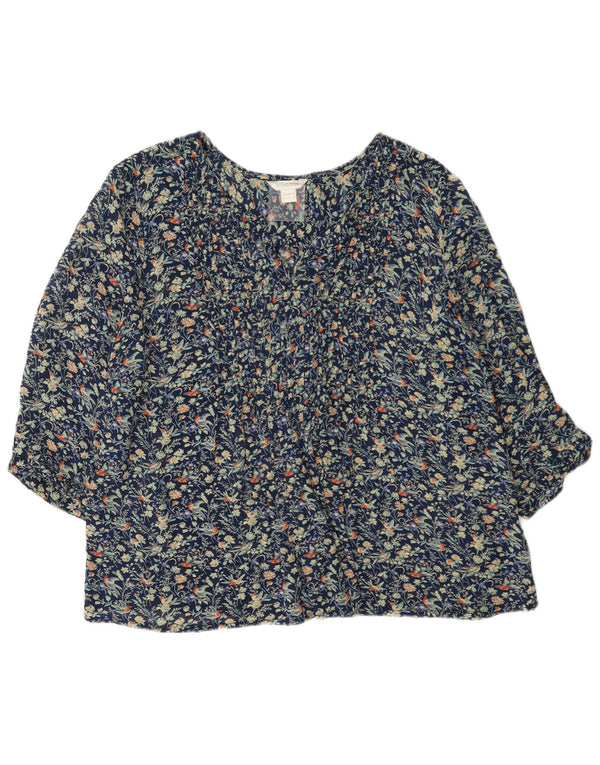 Blusa feminina Monsoon manga 3/4 Reino Unido 16 grande azul marinho floral viscose
