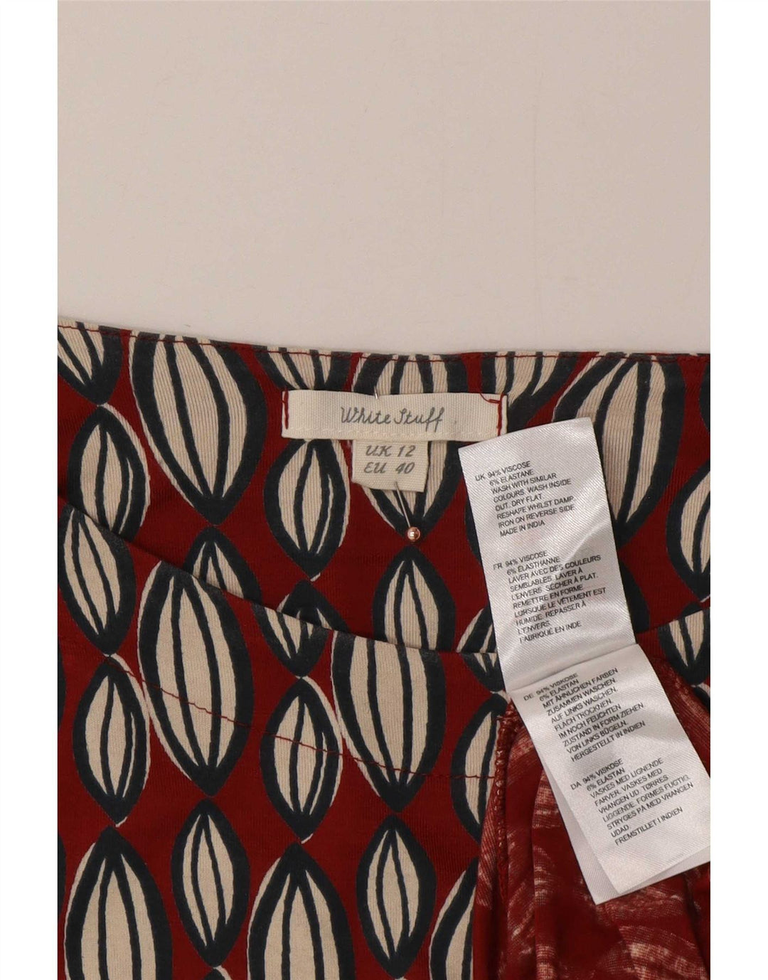 Vestido feminino branco de manga comprida evasê UK 12 médio vermelho geométrico