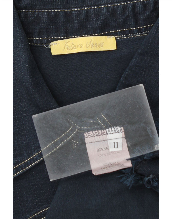 Camisa jeans feminina vintage manga 3/4 com palangre algodão azul marinho médio