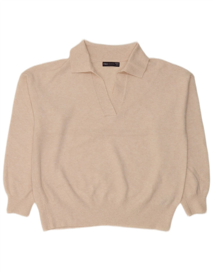 Suéter feminino Marks & Spencer com gola polo e gola polo UK 14 médio off white