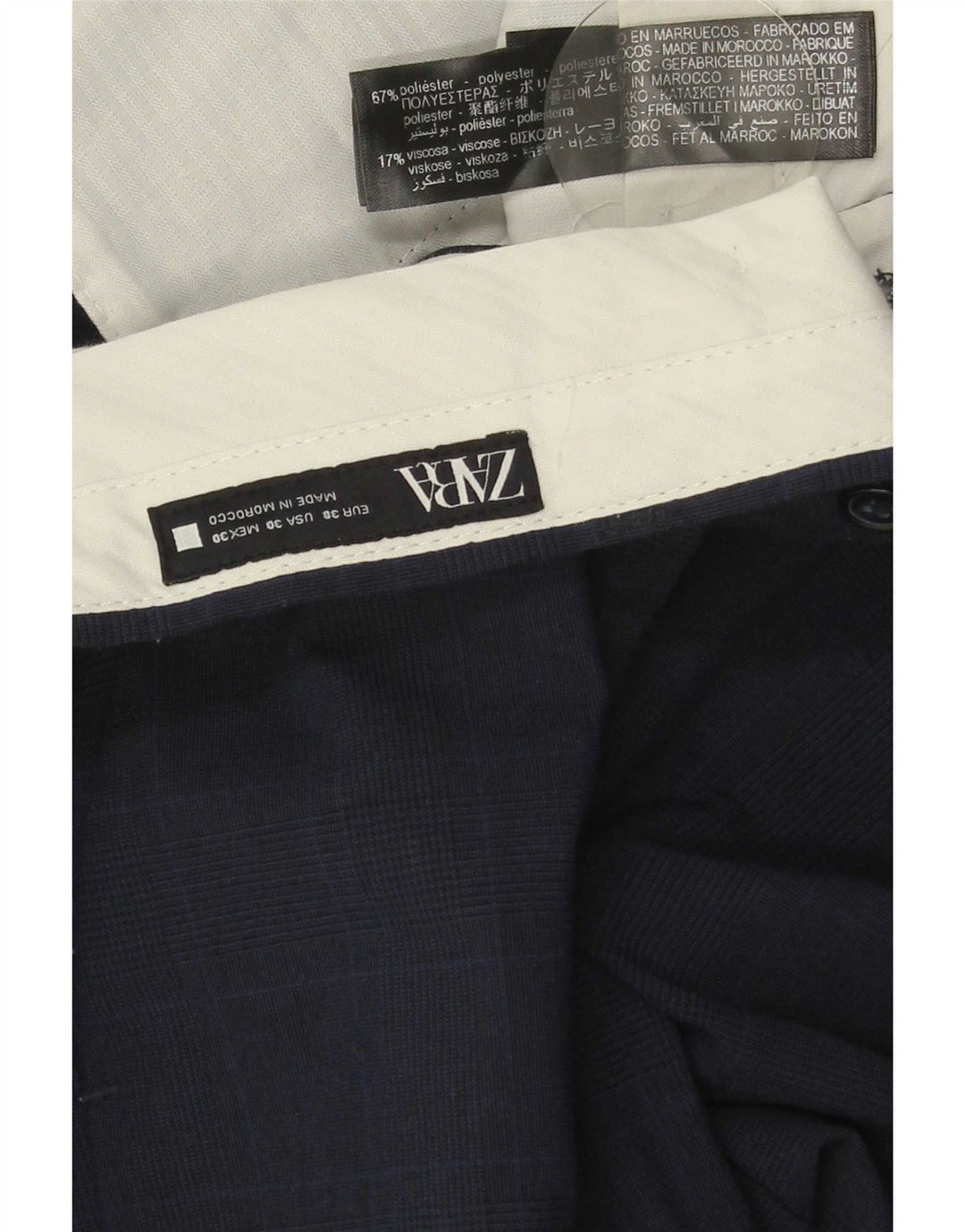Zara Mens Slim Chino Calças EU 38 Pequeno W30 L29 Azul Marinho Xadrez Poliéster