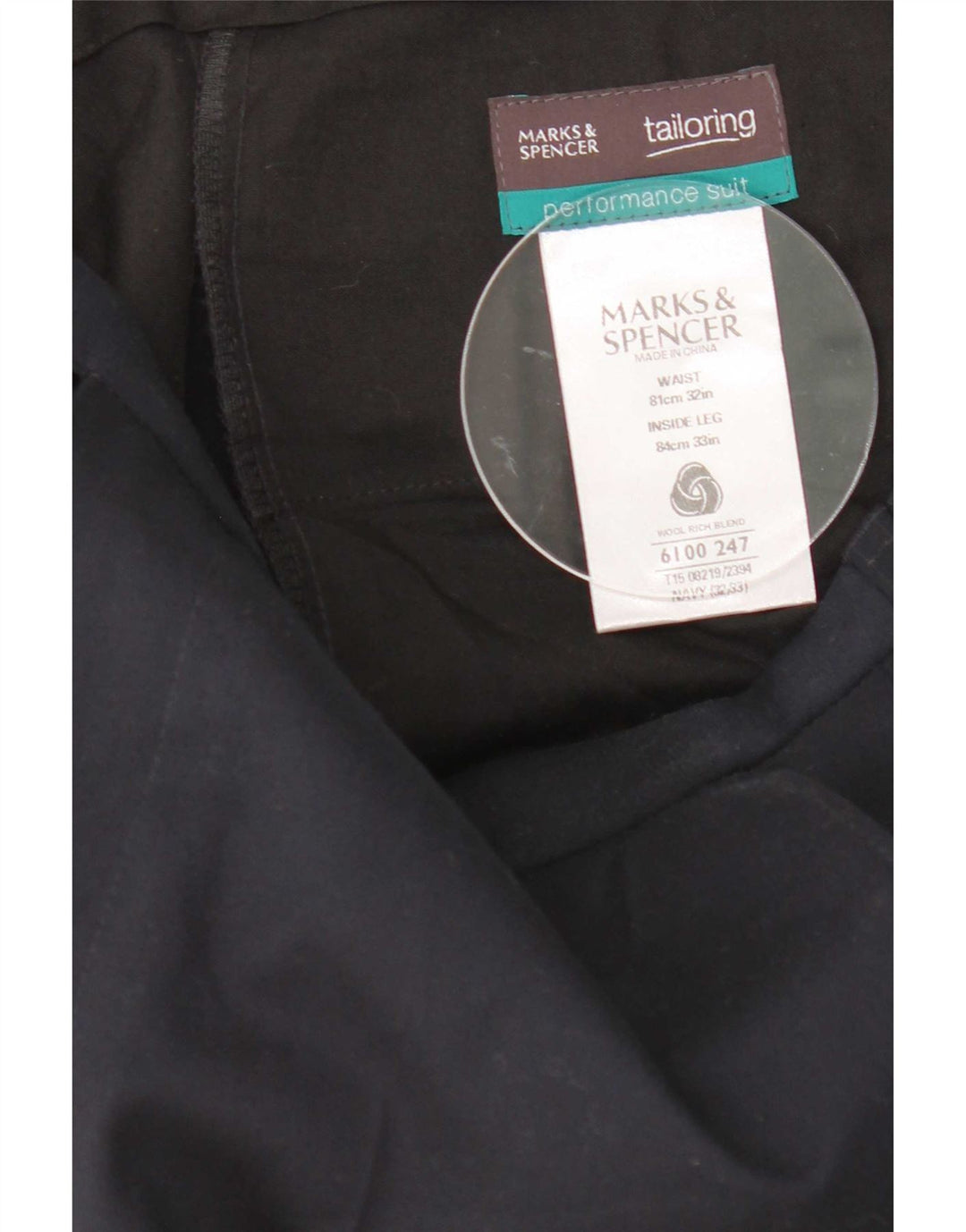 Calça feminina Marks & Spencer de terno reto W32 L33 azul marinho lã