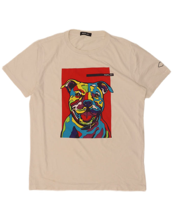 Camiseta Masculina Replay com Estampa Gráfica, Tamanho M, Branca