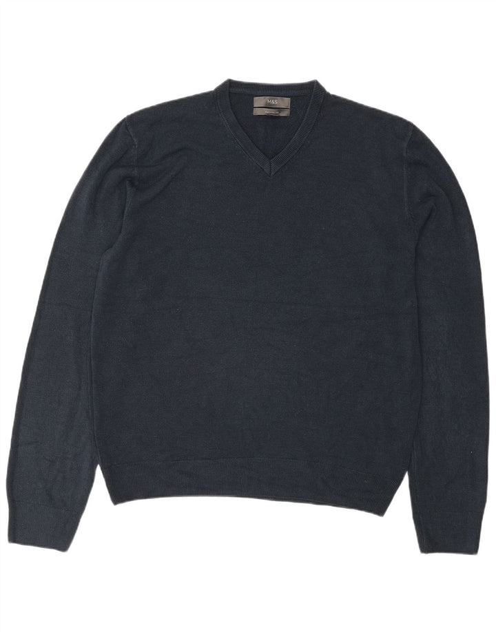 Suéter masculino Marks & Spencer com decote em V médio azul marinho acrílico