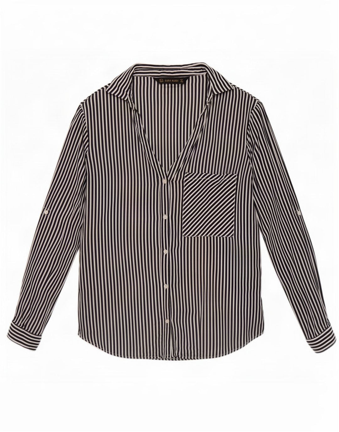 Camisa feminina Zara Reino Unido 12 risca de giz preta média