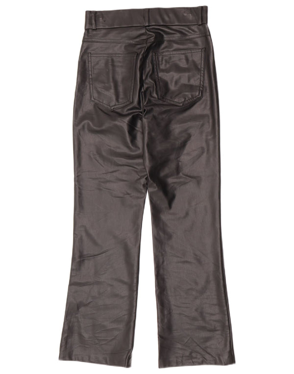 Calça feminina Zara Bootcut de couro sintético pequena W26 L27 poliuretano preto