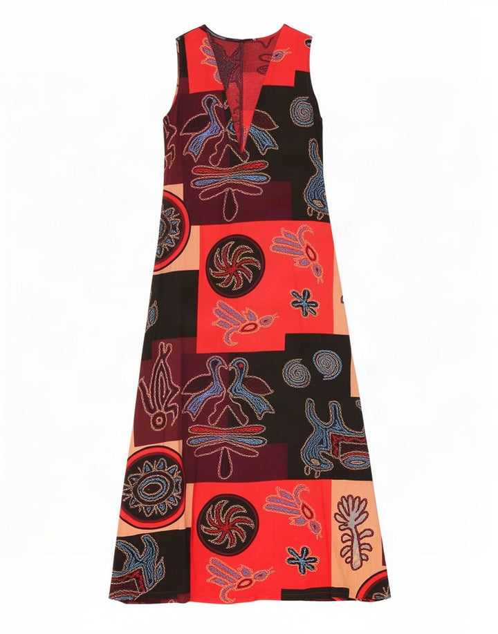 Vestido maxi feminino vintage sem mangas UK 10 pequenos retalhos multicoloridos