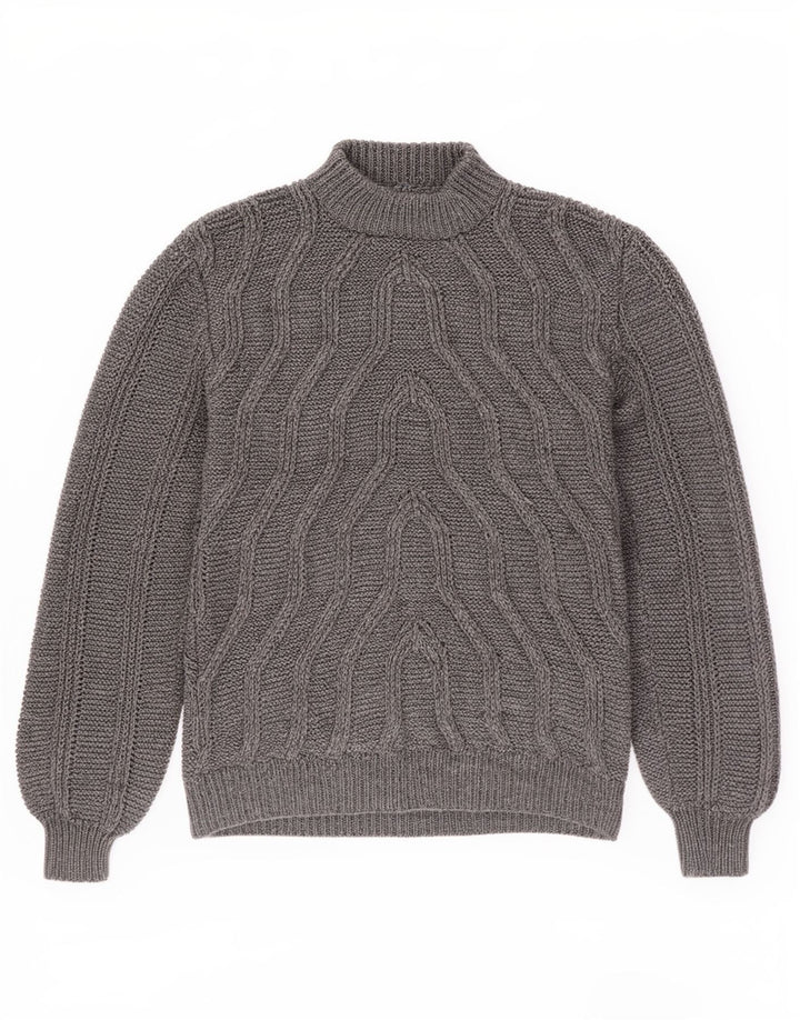 Suéter vintage masculino com gola tartaruga, cinza médio geométrico