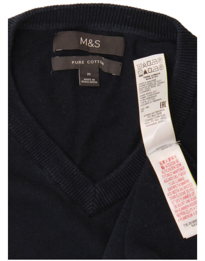 Suéter masculino Marks & Spencer com decote em V, algodão azul marinho médio