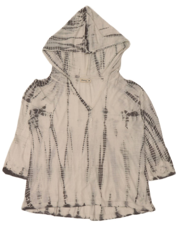 Top feminino vintage com capuz manga 3/4 Reino Unido 14 poliéster tie-dye branco médio