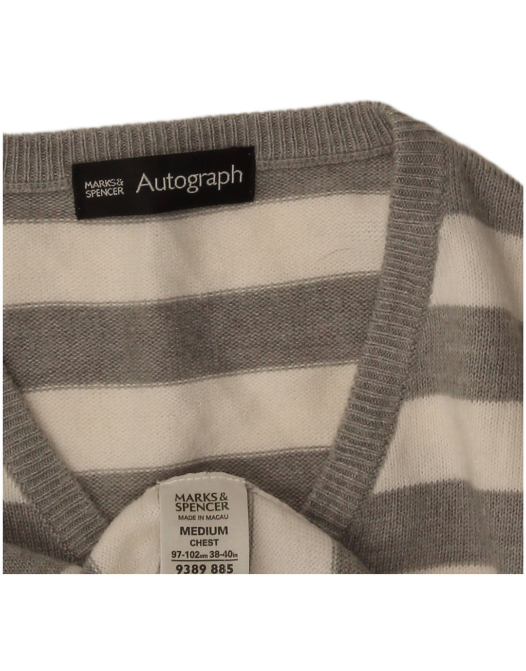 Suéter masculino Marks & Spencer Autograph com decote em V listrado cinza médio