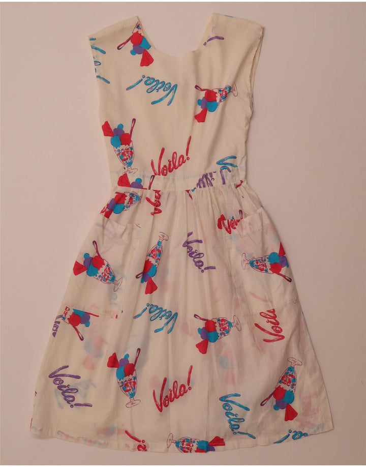 Vestido feminino VINTAGE com estampa abstrata sem mangas evasê Reino Unido 8 pequeno branco