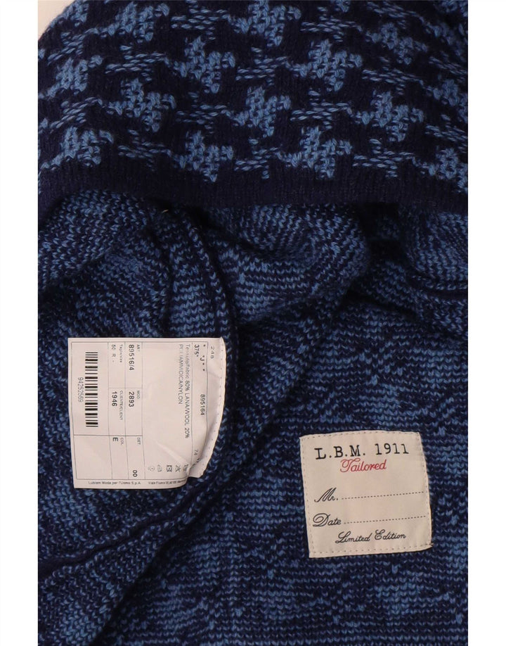 Suéter cardigã masculino vintage IT 50 lã houndstooth azul médio