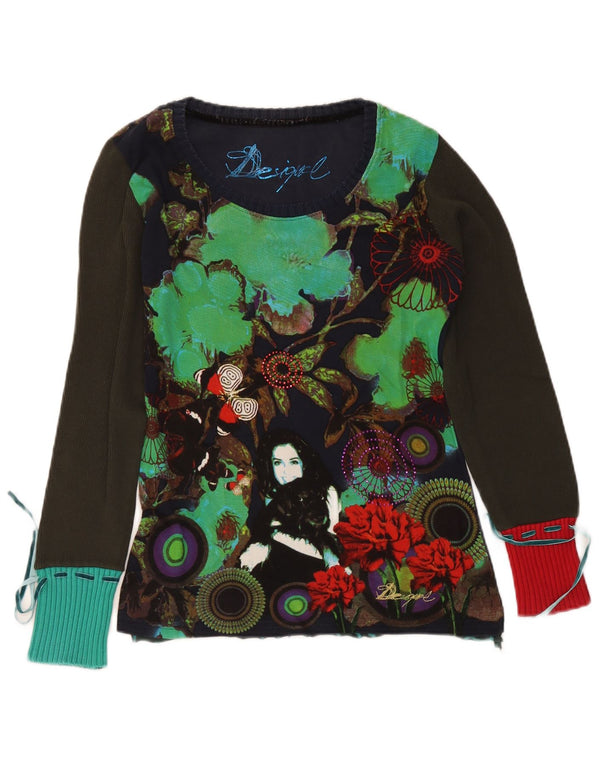 Top gráfico feminino Desigual manga comprida UK 14 grande azul marinho floral