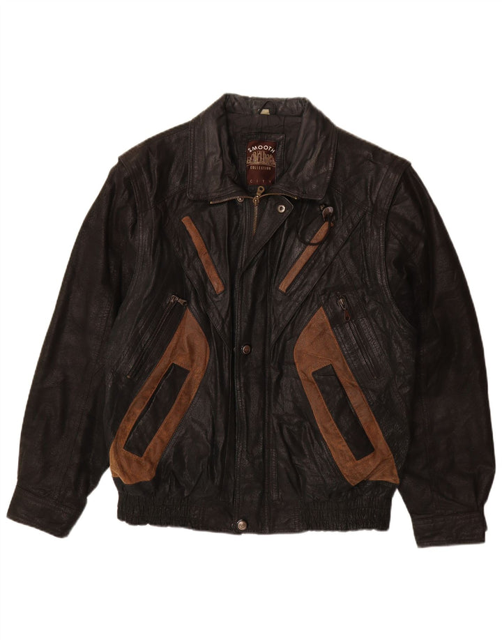 Jaqueta de couro masculina VINTAGE Reino Unido 40 grande couro preto colorblock