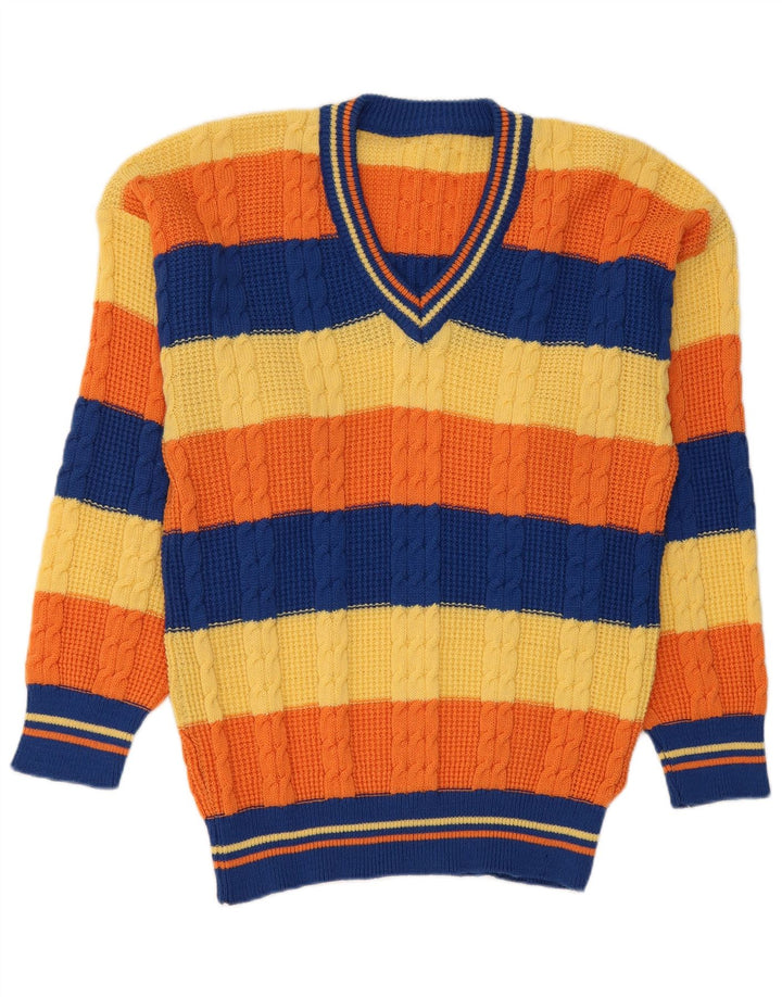 Suéter masculino vintage com decote em V médio listrado multicolorido