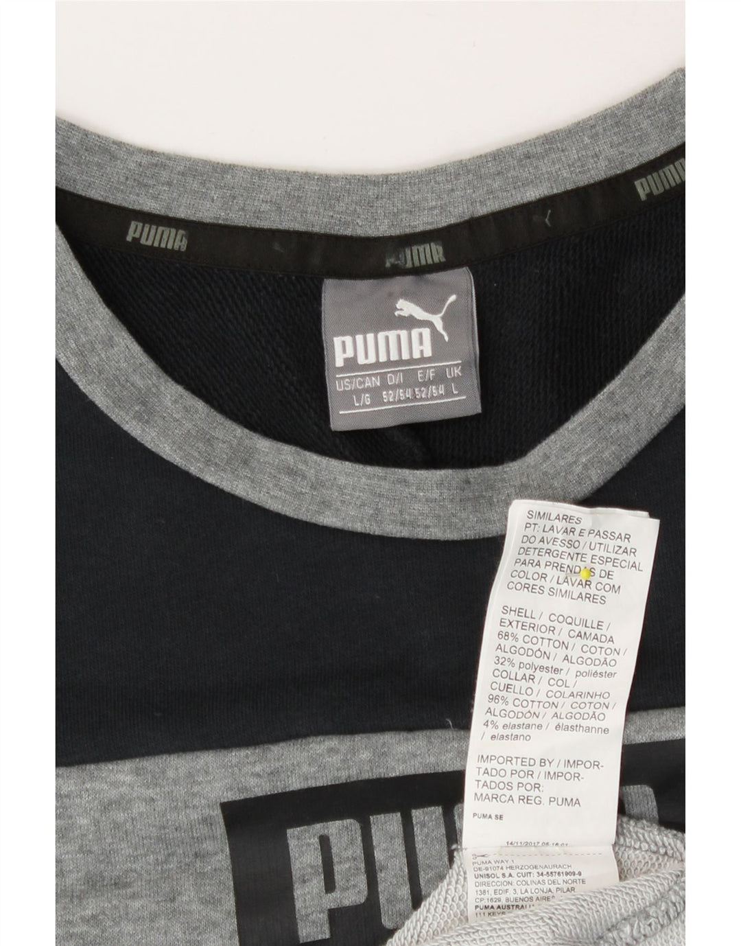 Puma Mens Graphic Top Manga Longa Grande Cinza Colorblock Algodão
