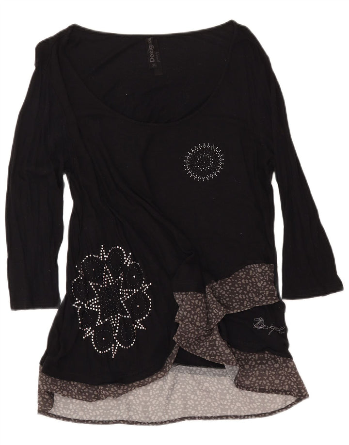 DESIGUAL Top gráfico feminino manga 3/4 UK 18 XL preto estampa animal viscose