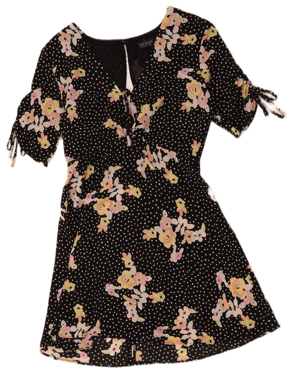 Vestido evasê feminino Topshop Reino Unido 10 pequeno poliéster floral preto
