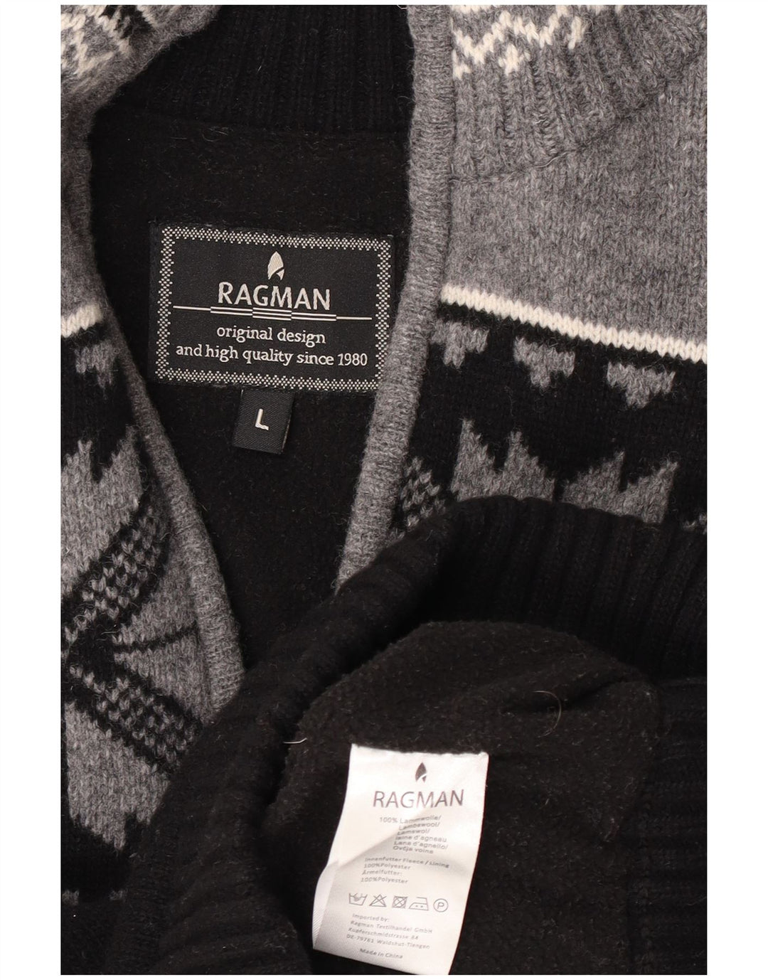 Suéter masculino Ragman com zíper e gola alta, grande, preto, Fair Isle Lambswool