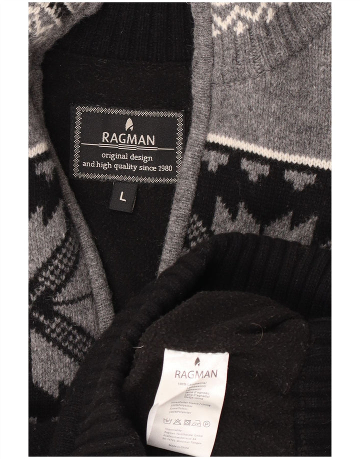 Suéter masculino Ragman com zíper e gola alta, grande, preto, Fair Isle Lambswool