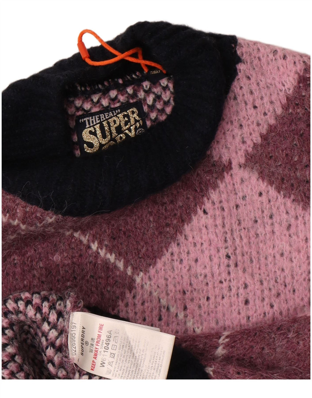 Suéter feminino Superdry com gola tartaruga Reino Unido 10 pequeno rosa argyle/diamante