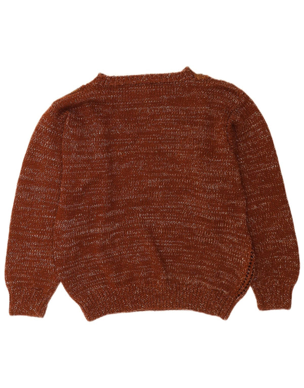 Suéter feminino vintage com gola redonda UK 14 patchwork marrom médio