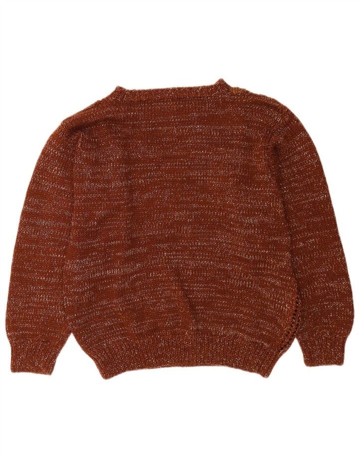 Suéter feminino vintage com gola redonda UK 14 patchwork marrom médio