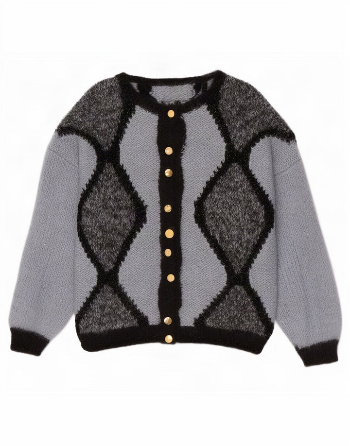 Suéter cardigã feminino vintage Reino Unido 16 grande azul argyle/diamante