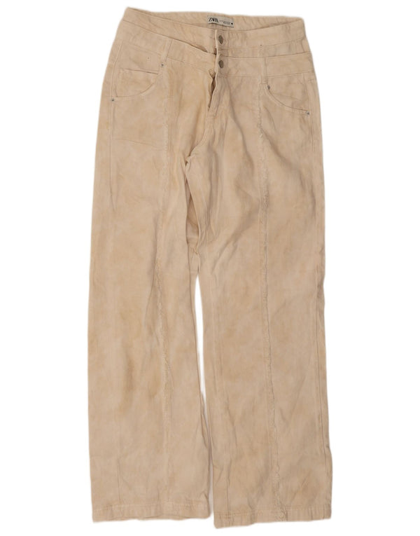 Zara Calça feminina casual de perna larga UE 42 grande W32 L33 algodão bege