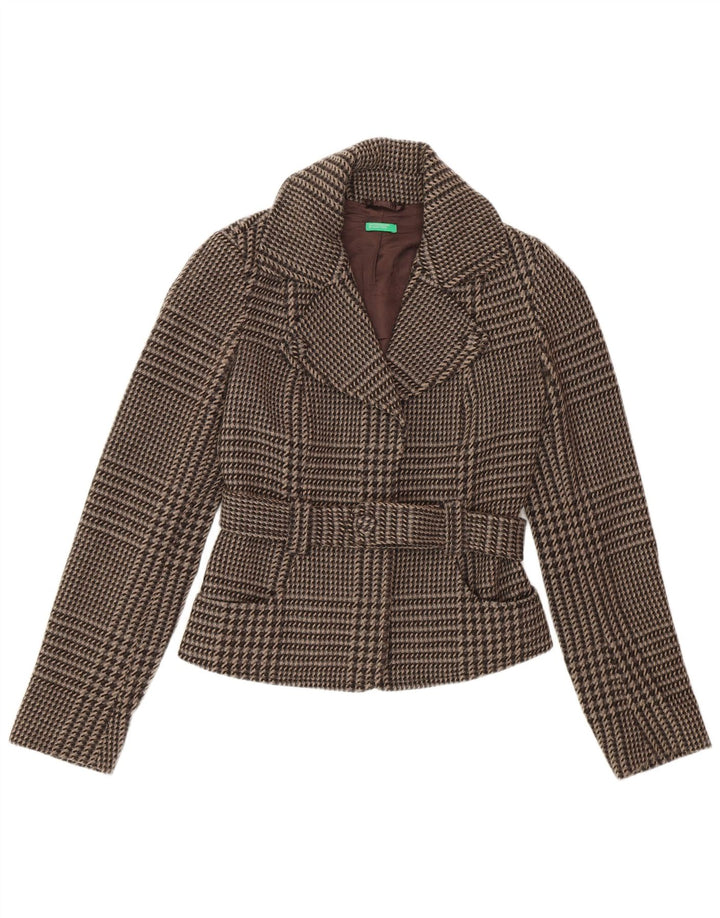 Jaqueta blazer feminina Benetton com cinto IT 40 pequena marrom houndstooth lã