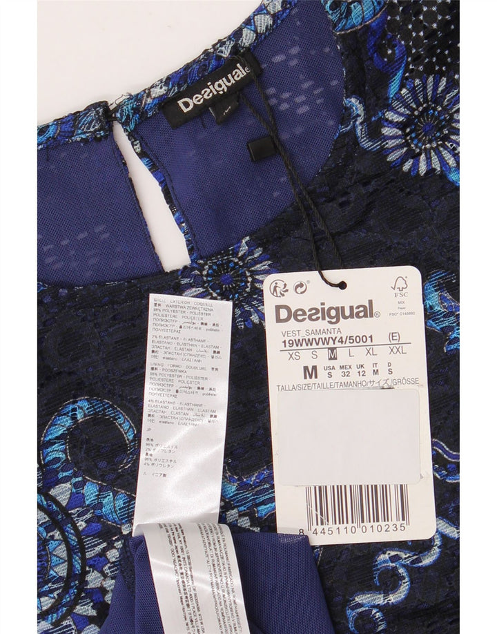 Vestido feminino de renda assimétrica Desigual Reino Unido 12 médio azul marinho floral
