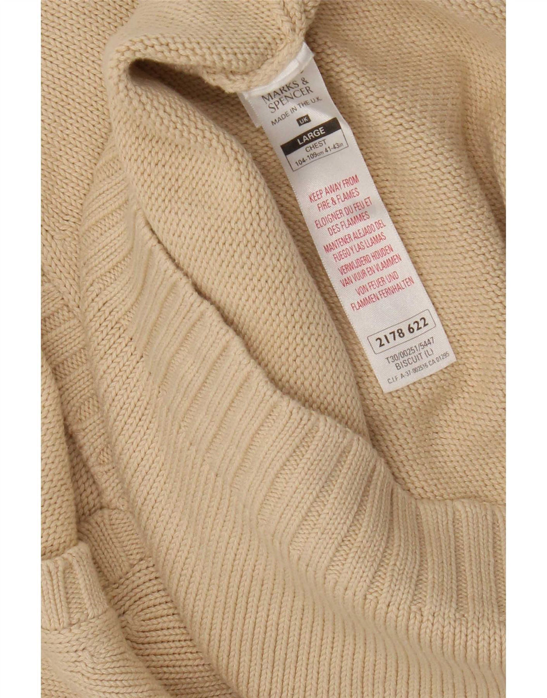 Suéter masculino Marks & Spencer com decote em V, grande algodão bege