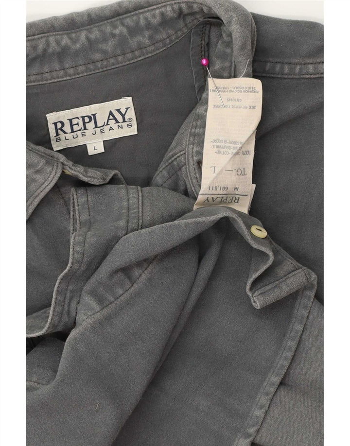 Camisa jeans masculina Replay grande algodão cinza