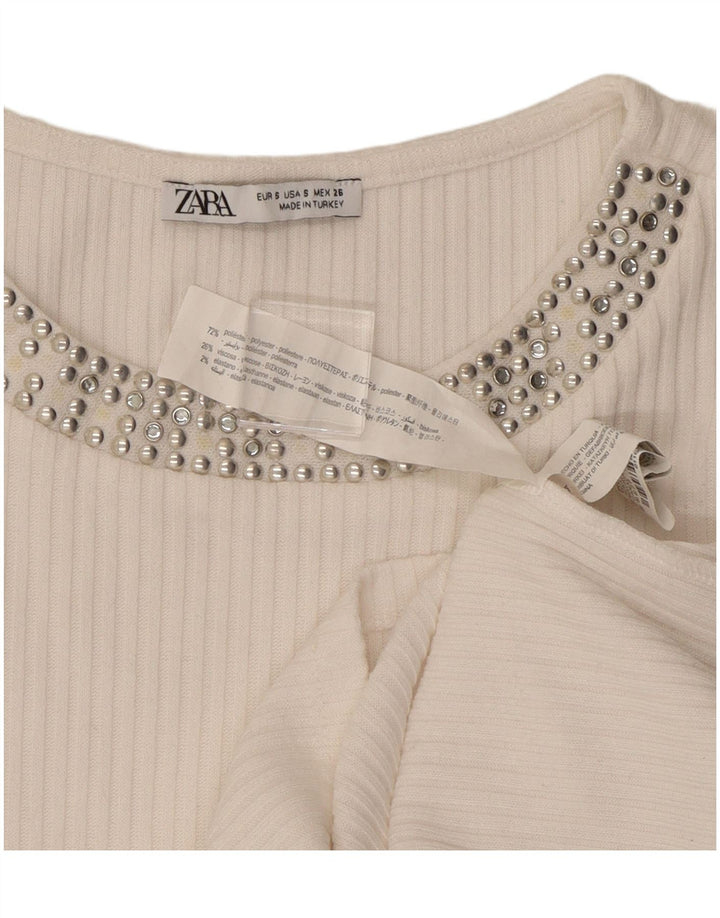 ZARA Camiseta Feminina Crop Top UK 8 Pequeno Poliéster Branco