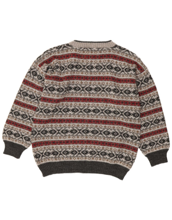 Suéter feminino vintage com gola redonda UK 16 grande cinza Fair Isle