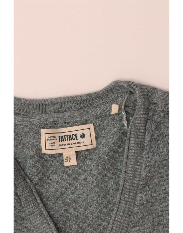 Suéter feminino Fat Face com decote em V Reino Unido 8 viscose azul pequena