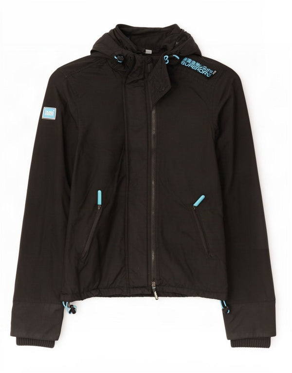 Jaqueta corta-vento feminina Superdry com capuz UK 14 médio preto nylon