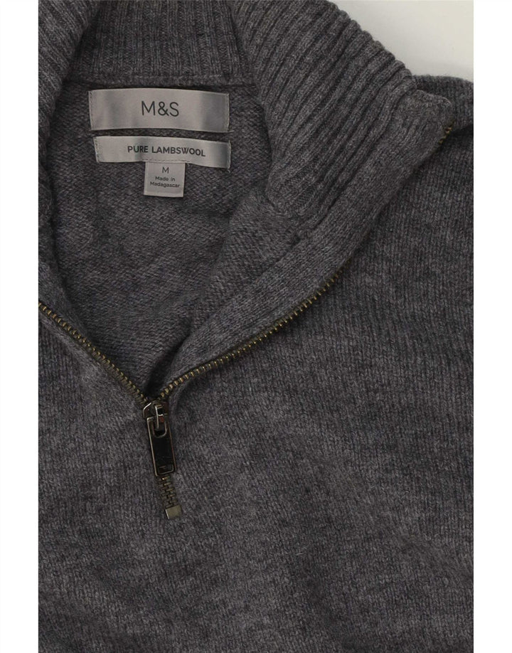 Suéter masculino Marks & Spencer com zíper e gola em lã de cordeiro cinza médio