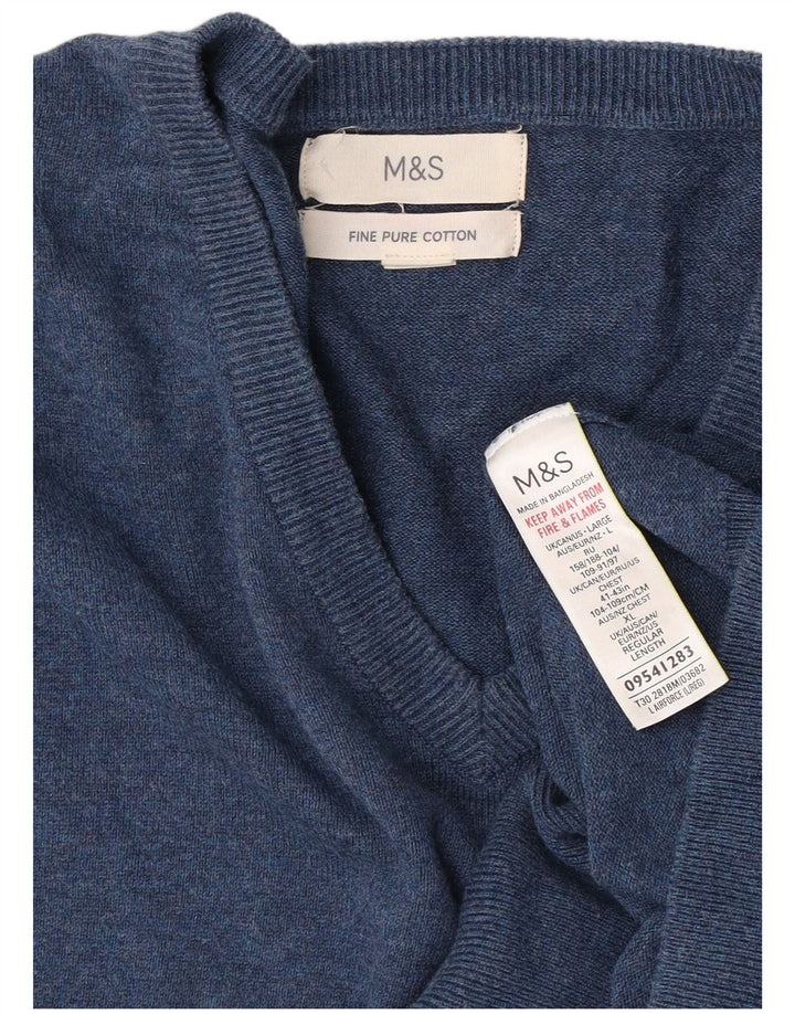 Suéter masculino Marks & Spencer com decote em V grande algodão azul