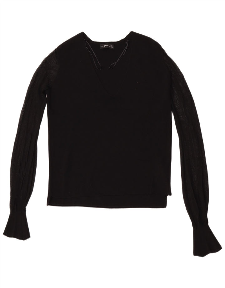 Top feminino Zara de manga comprida UK 10 pequeno preto viscose