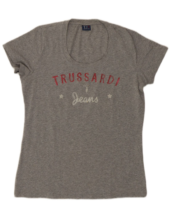 Camiseta feminina Trussardi Jeans com estampa gráfica UK 14 grande algodão cinza