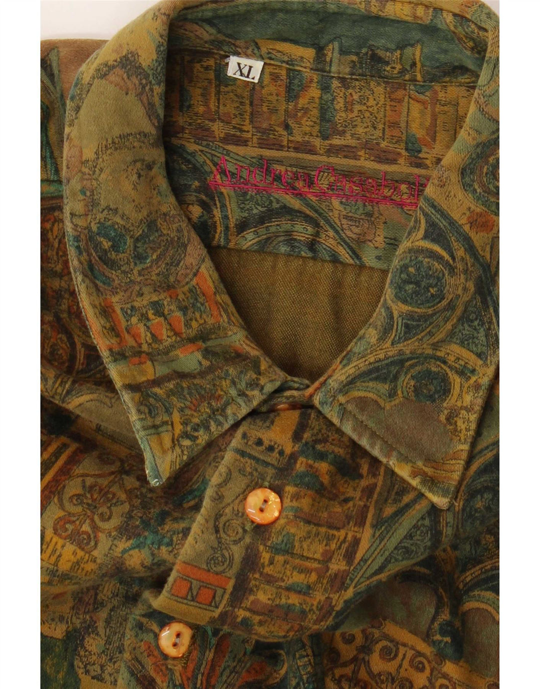 Camisa masculina vintage com padrão abstrato XL cáqui